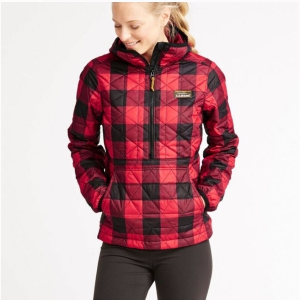 L.L. Bean Katahdin Pullover Jacket Hood Puffer Red Black Buffalo PIaid XS